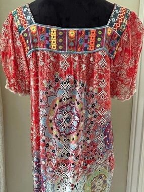 Johnny Was Boho Embroidered Red Floral Peasant Top